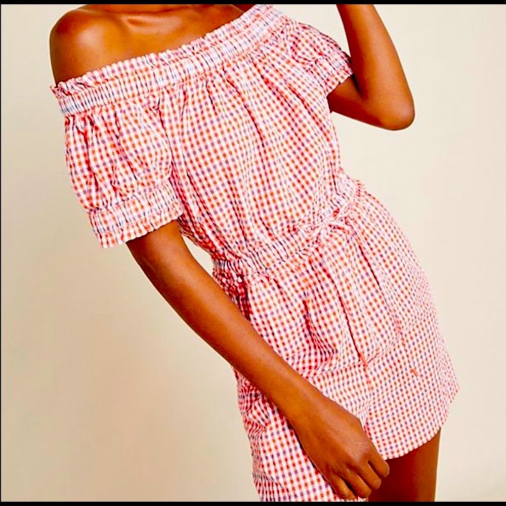 Anthropologie Off Shoulder Cute Gingham Romper